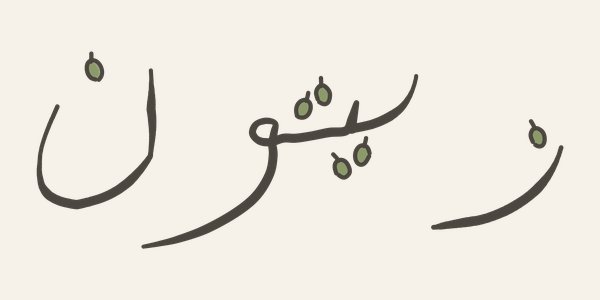 Zaytūn — the word زيتون written by hand with its six dots drawn as six small olives; on the back an olive tree whose roots are drawn longer than its crown, two paper-tape strips, and the line «since 1967»