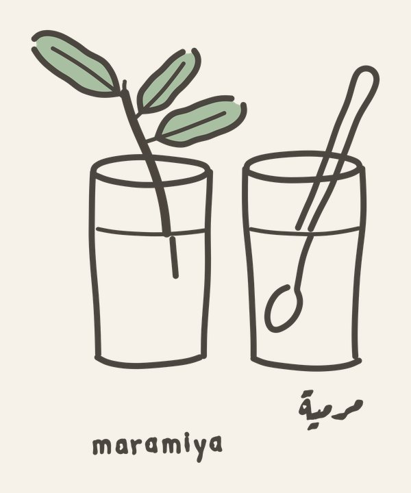 Maramiyya — two small straight-sided tea glasses drawn in one ink, a sprig of sage leaning out of one and a spoon in the other, with the word مرمية and the line «maramiya»